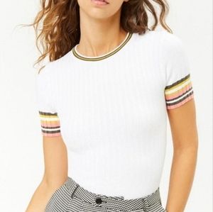 Ribbed Striped-Trim Cropped Sweater